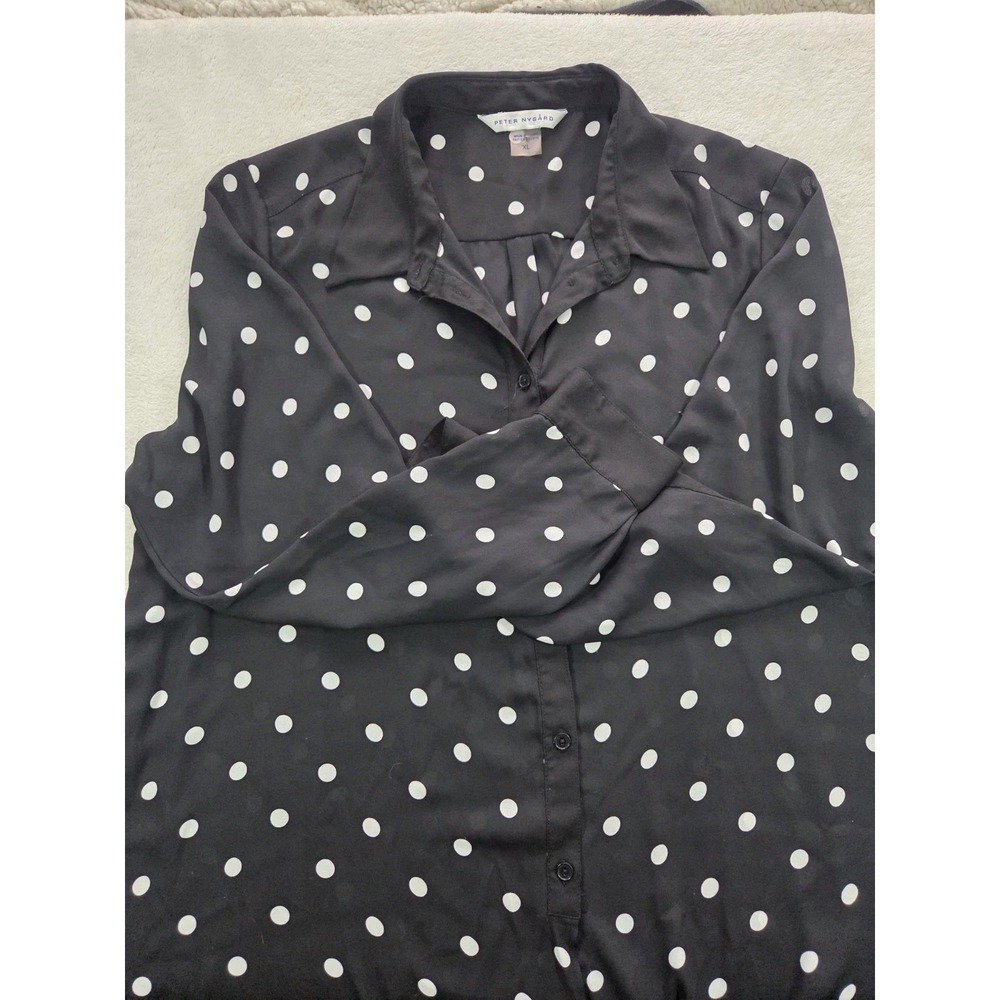 Peter Nygård Polka Dot Blouse XL Black White Button Front Workwear
